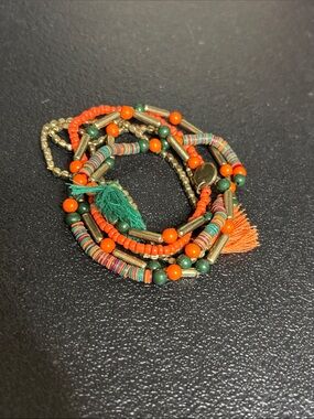 Dainty Boho Multi-Strand Orange & Green Stretch Beaded Bracelet Set